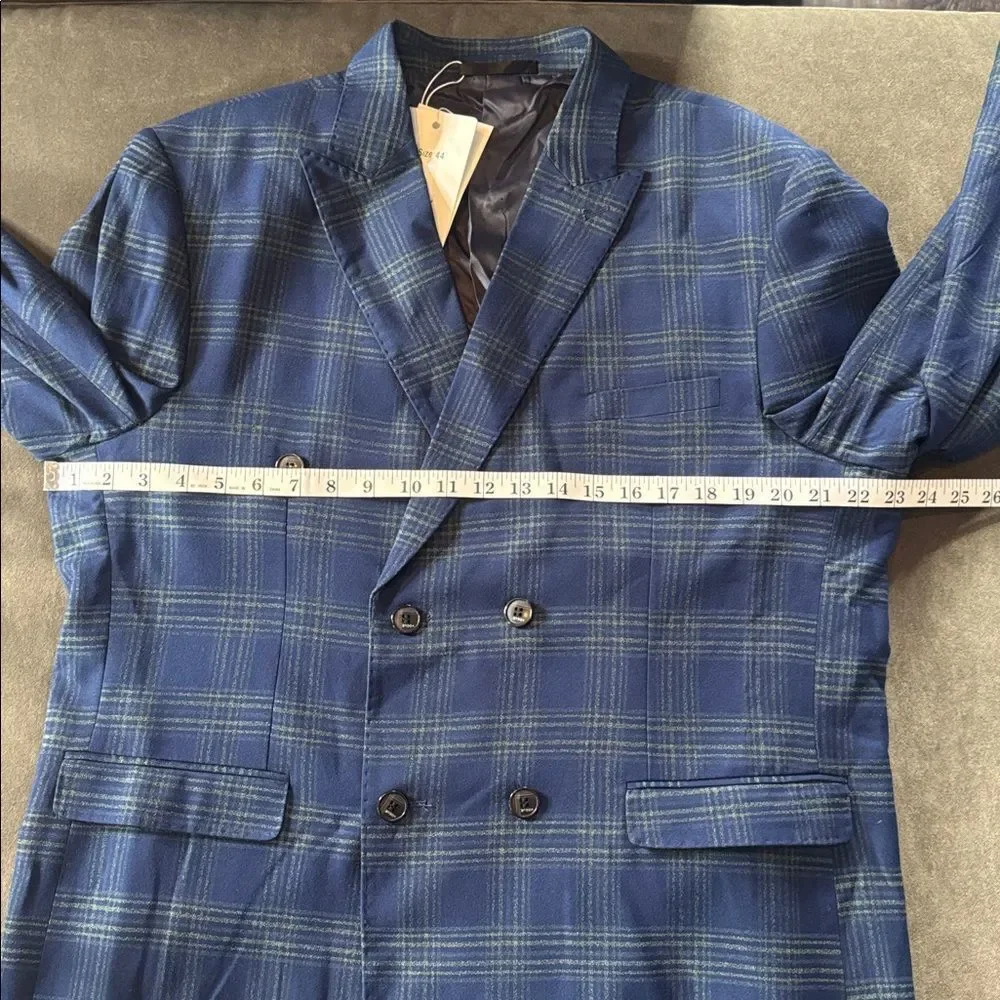 Men’s Blue Plaid 3 Piece Double Breasted Suit Peak Lapel 44 Jacket 40 Pants NEW